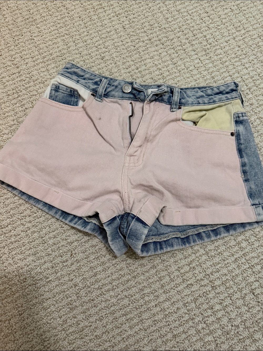 Women’s Multi Color Pink White Yellow and Denim Mom Shorts